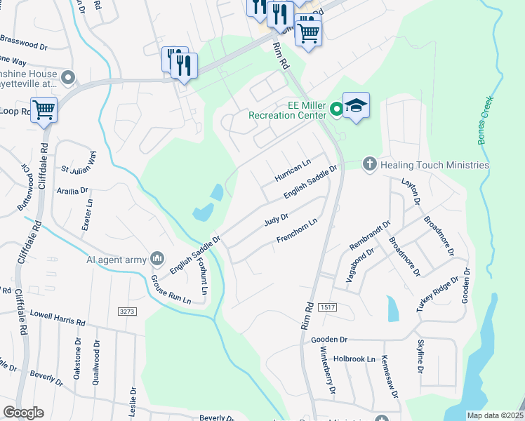 map of restaurants, bars, coffee shops, grocery stores, and more near 8401 English Saddle Drive in Fayetteville