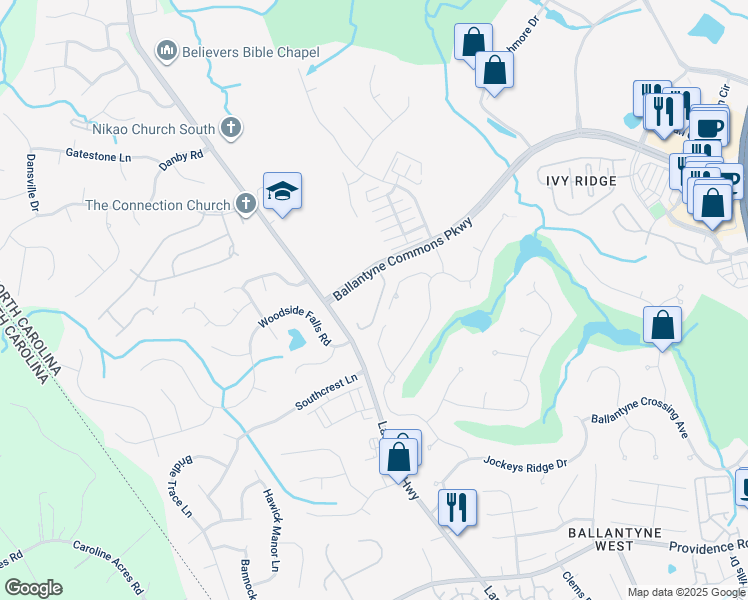 map of restaurants, bars, coffee shops, grocery stores, and more near 14462 Adair Manor Court in Charlotte