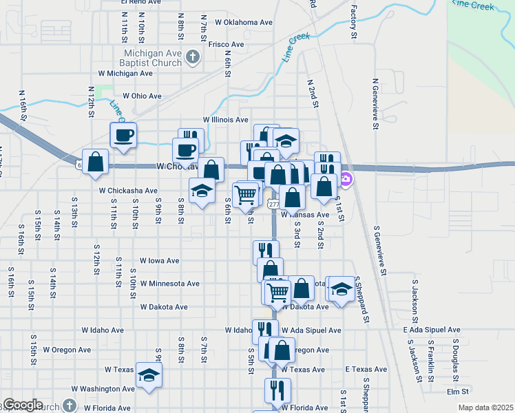 map of restaurants, bars, coffee shops, grocery stores, and more near 425 W Kansas Ave in Chickasha