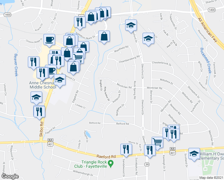 map of restaurants, bars, coffee shops, grocery stores, and more near 604 Ashbrook Court in Fayetteville