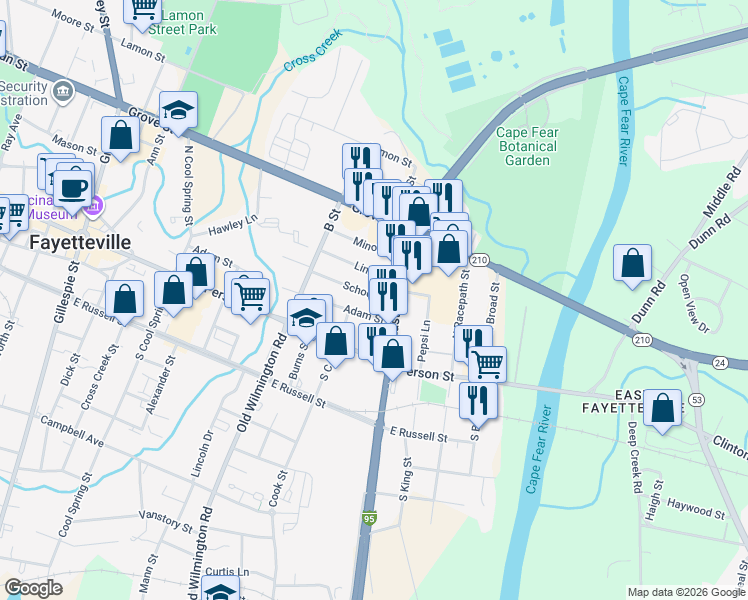 map of restaurants, bars, coffee shops, grocery stores, and more near 610 School Street in Fayetteville