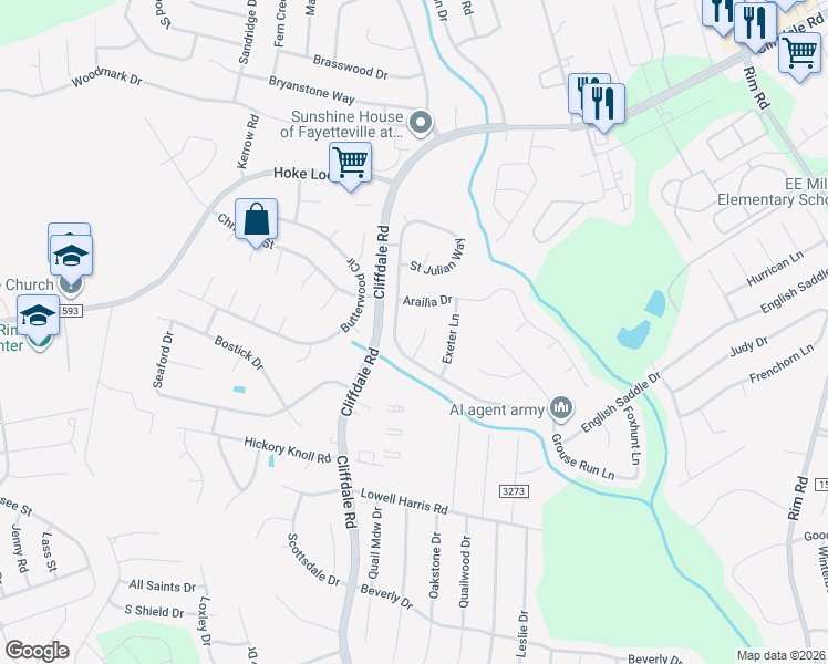 map of restaurants, bars, coffee shops, grocery stores, and more near 1290 Caribou Court in Fayetteville
