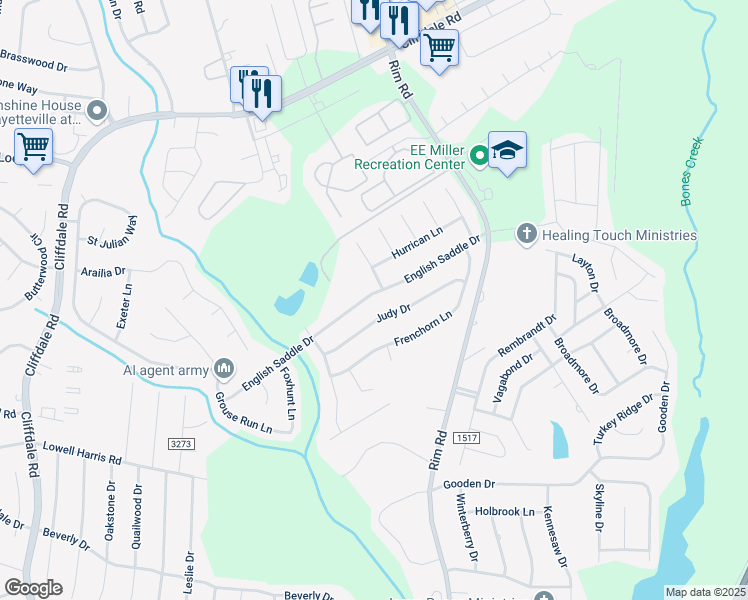 map of restaurants, bars, coffee shops, grocery stores, and more near 8401 English Saddle Drive in Fayetteville