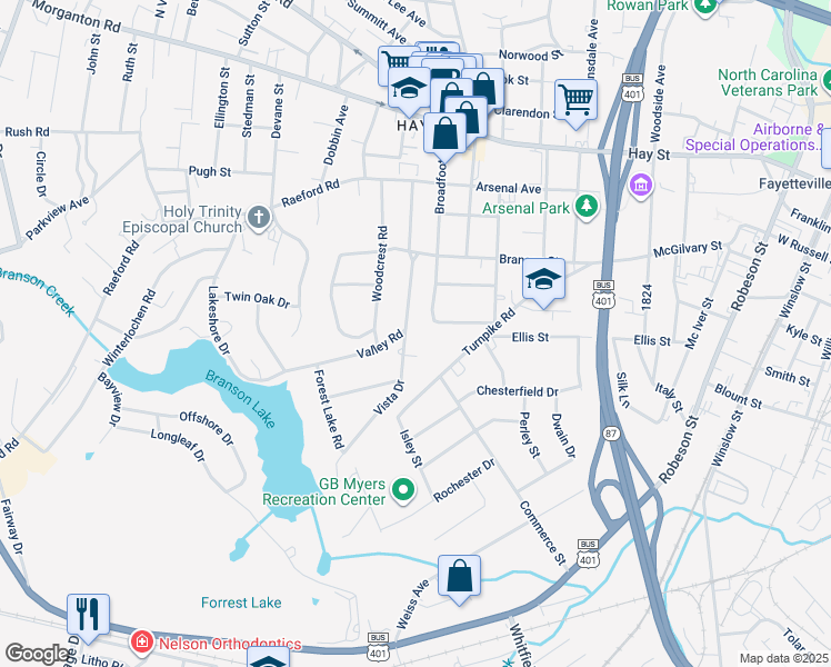 map of restaurants, bars, coffee shops, grocery stores, and more near 325 Valley Road in Fayetteville