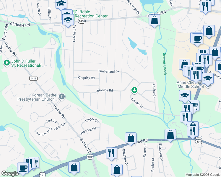 map of restaurants, bars, coffee shops, grocery stores, and more near 1010 Wayside Road in Fayetteville