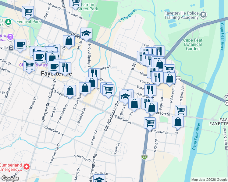 map of restaurants, bars, coffee shops, grocery stores, and more near 433 Person Street in Fayetteville