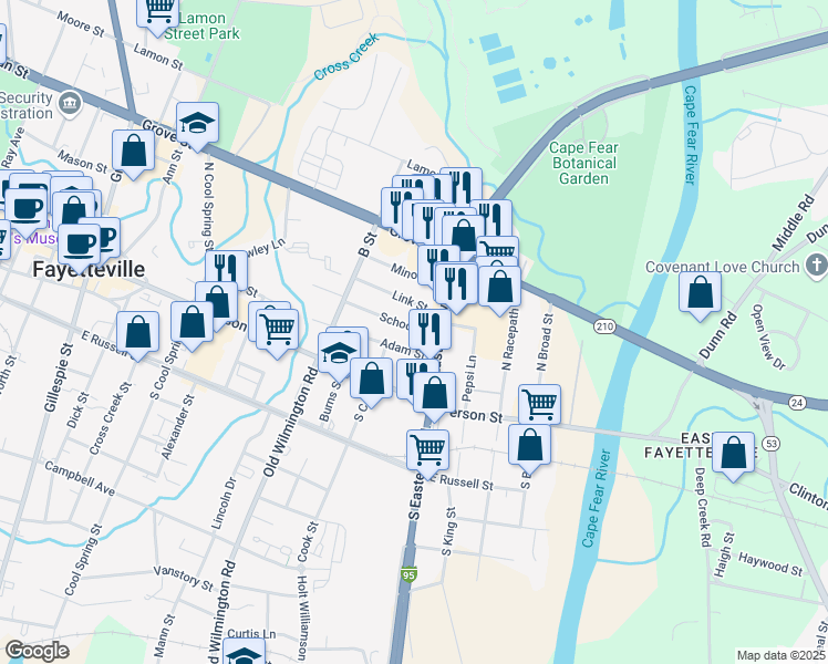 map of restaurants, bars, coffee shops, grocery stores, and more near 610 School Street in Fayetteville