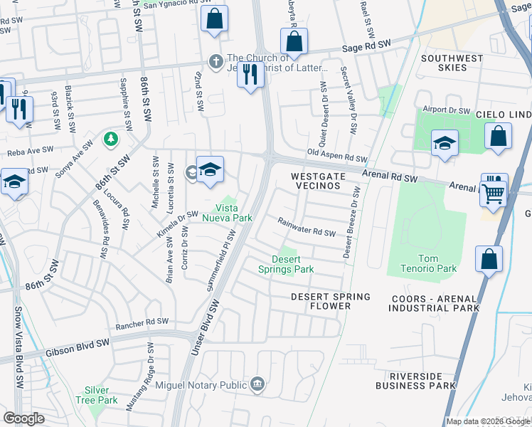 map of restaurants, bars, coffee shops, grocery stores, and more near Shadetree Drive Southwest in Albuquerque