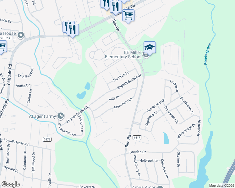 map of restaurants, bars, coffee shops, grocery stores, and more near 8342 Judy Drive in Fayetteville