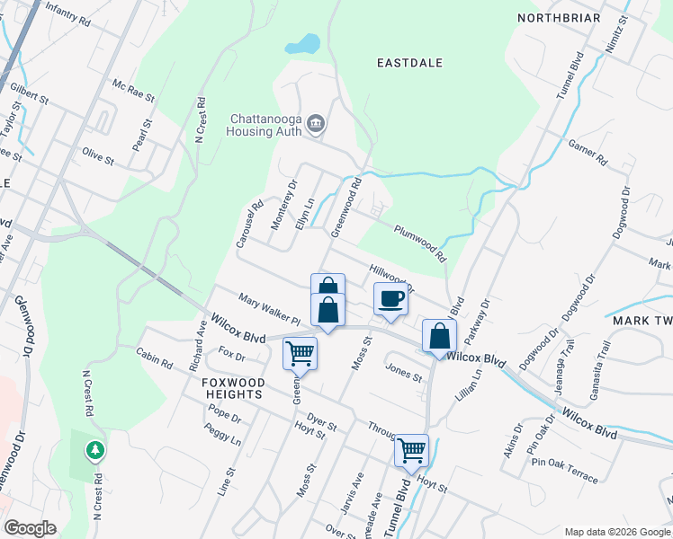 map of restaurants, bars, coffee shops, grocery stores, and more near 3201 Crestfield Drive in Chattanooga