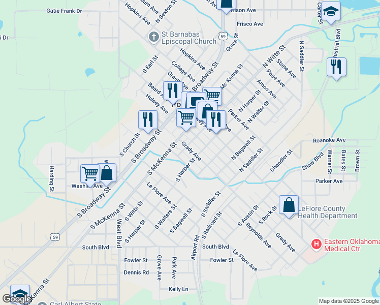 map of restaurants, bars, coffee shops, grocery stores, and more near 306 Grady Avenue in Poteau