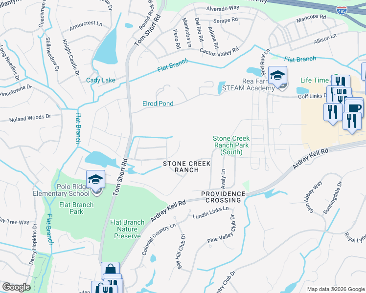 map of restaurants, bars, coffee shops, grocery stores, and more near 5110 Mesa Verde Road in Charlotte