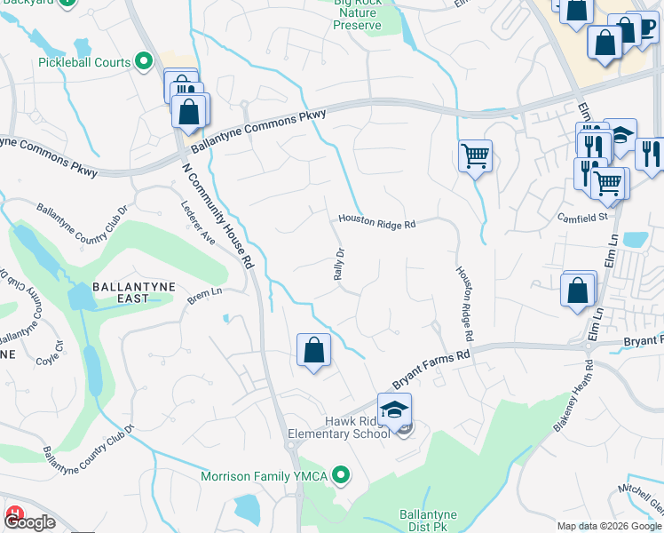 map of restaurants, bars, coffee shops, grocery stores, and more near 9001 Rally Drive in Charlotte