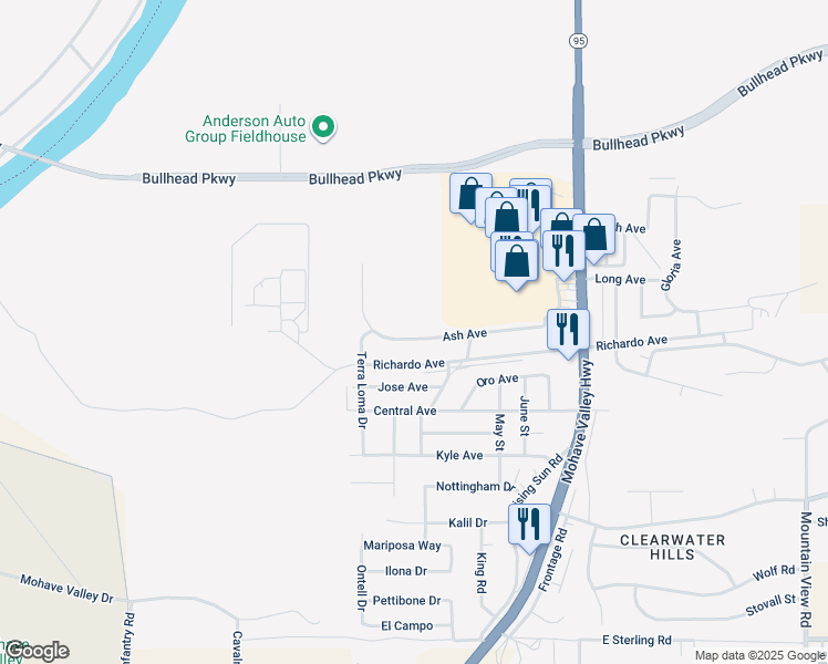 map of restaurants, bars, coffee shops, grocery stores, and more near 1569 Ash Avenue in Bullhead City