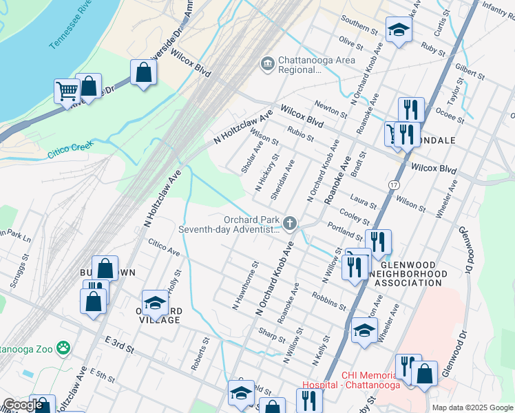 map of restaurants, bars, coffee shops, grocery stores, and more near 1710 Portland Street in Chattanooga