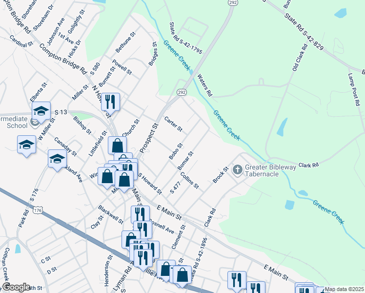 map of restaurants, bars, coffee shops, grocery stores, and more near 32 Bobo Street in Inman