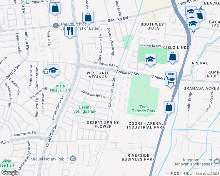 map of restaurants, bars, coffee shops, grocery stores, and more near 7308 Autumn Sky Road Southwest in Albuquerque
