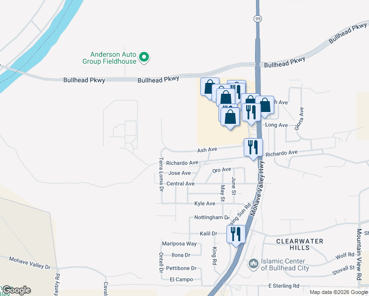 map of restaurants, bars, coffee shops, grocery stores, and more near 1569 Ash Ave in Bullhead City