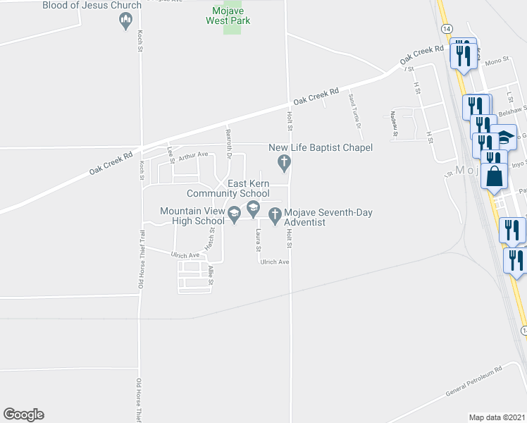 map of restaurants, bars, coffee shops, grocery stores, and more near 3010 Milton Drive in Mojave