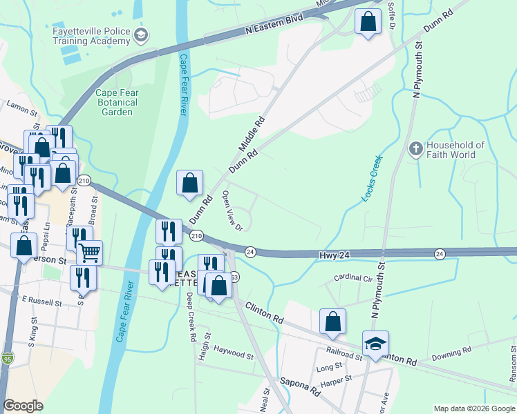 map of restaurants, bars, coffee shops, grocery stores, and more near 321 Breece St in Fayetteville