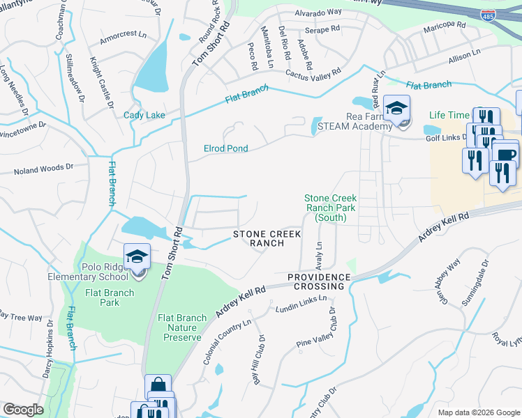 map of restaurants, bars, coffee shops, grocery stores, and more near 5110 Mesa Verde Road in Charlotte