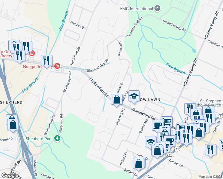 map of restaurants, bars, coffee shops, grocery stores, and more near 2313 Janeview Drive in Chattanooga