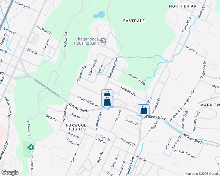 map of restaurants, bars, coffee shops, grocery stores, and more near 3201 Crestfield Drive in Chattanooga