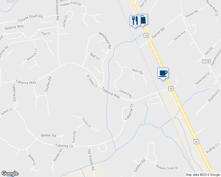 map of restaurants, bars, coffee shops, grocery stores, and more near 115 Geneva Road in New Bern