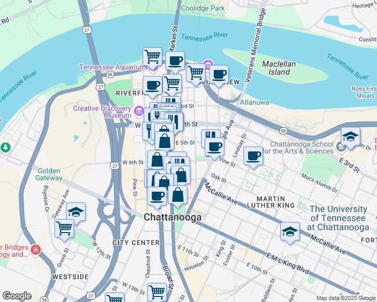 map of restaurants, bars, coffee shops, grocery stores, and more near 555 Walnut Street in Chattanooga