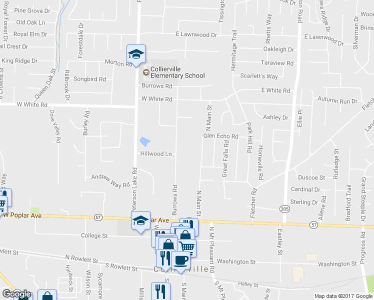 map of restaurants, bars, coffee shops, grocery stores, and more near 374 Burrows Road in Collierville