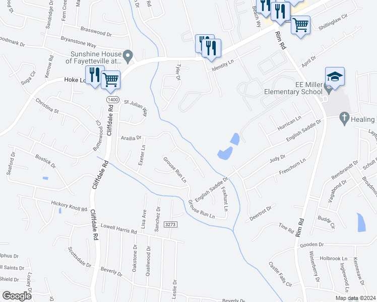 map of restaurants, bars, coffee shops, grocery stores, and more near 1144 Arailia Drive in Fayetteville