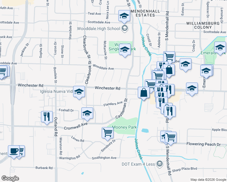 map of restaurants, bars, coffee shops, grocery stores, and more near 3614 Shoreham Drive in Memphis