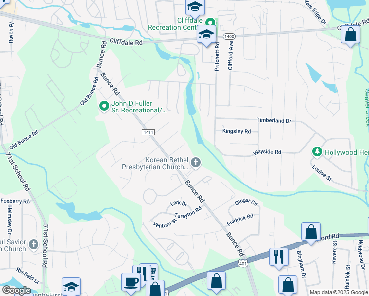 map of restaurants, bars, coffee shops, grocery stores, and more near 6489 Tarrytown Road in Fayetteville