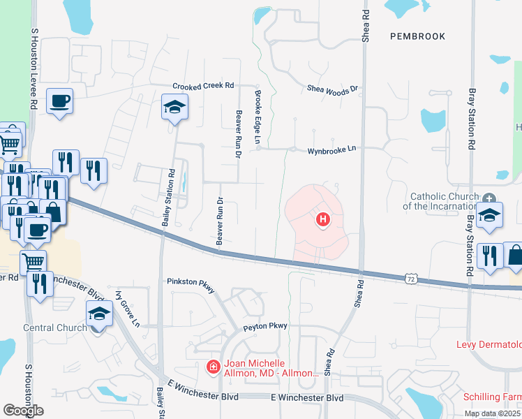 map of restaurants, bars, coffee shops, grocery stores, and more near 3610 Waterford Cove South in Collierville