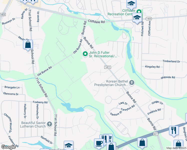 map of restaurants, bars, coffee shops, grocery stores, and more near 6527 Saint Louis Street in Fayetteville
