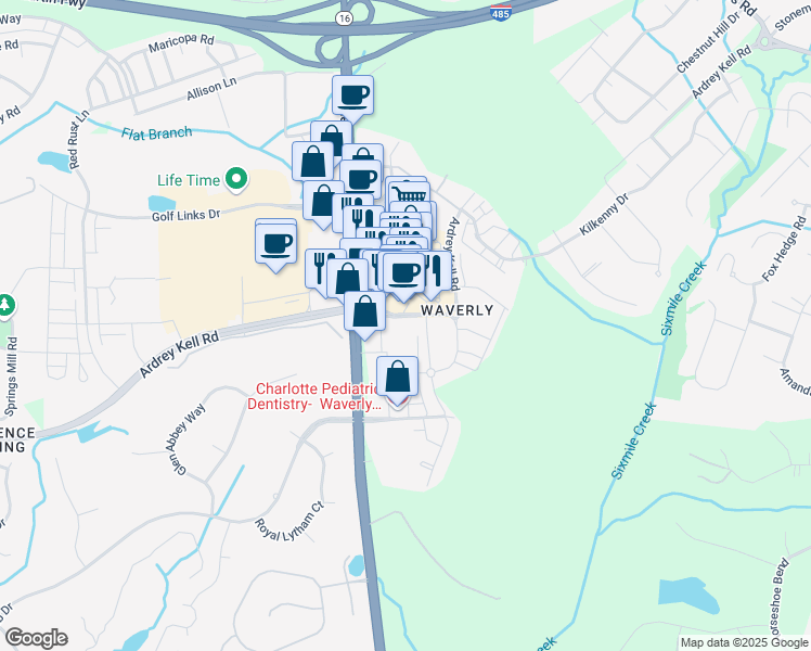 map of restaurants, bars, coffee shops, grocery stores, and more near 6325 Ardrey Kell Road in Charlotte