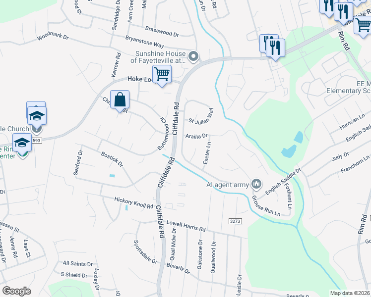 map of restaurants, bars, coffee shops, grocery stores, and more near 1290 Caribou Court in Fayetteville
