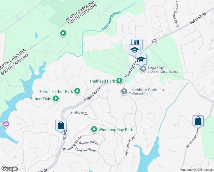 map of restaurants, bars, coffee shops, grocery stores, and more near 7234 Cascading Pines Drive in Tega Cay