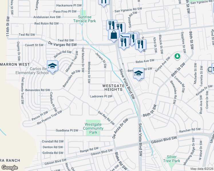 map of restaurants, bars, coffee shops, grocery stores, and more near 1244 Amole Vista Street Southwest in Albuquerque