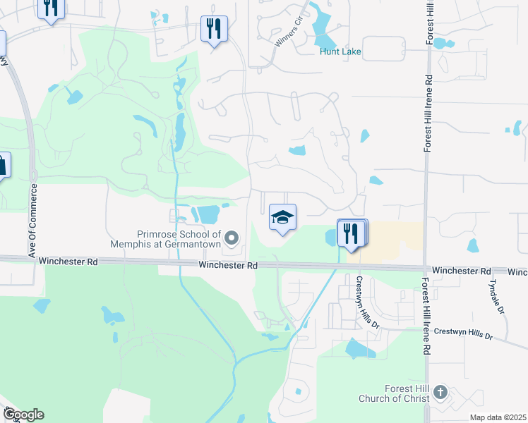map of restaurants, bars, coffee shops, grocery stores, and more near 3597 Fairwood Cove in Memphis