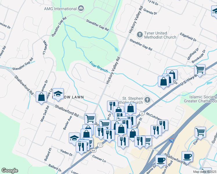 map of restaurants, bars, coffee shops, grocery stores, and more near 2416 Hickory Valley Road in Chattanooga