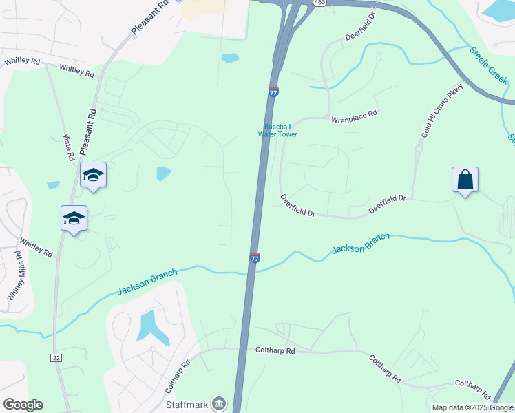 map of restaurants, bars, coffee shops, grocery stores, and more near Interstate 77 in Fort Mill