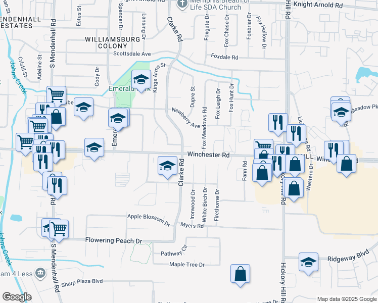 map of restaurants, bars, coffee shops, grocery stores, and more near 5680 Winchester Rd in Memphis