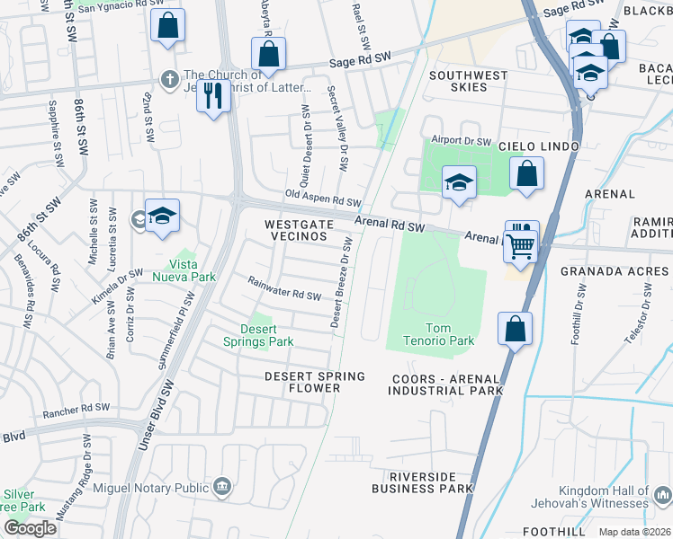 map of restaurants, bars, coffee shops, grocery stores, and more near 7308 Autumn Sky Road Southwest in Albuquerque