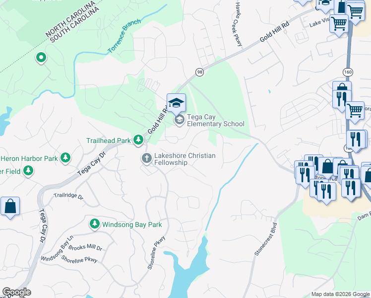 map of restaurants, bars, coffee shops, grocery stores, and more near 1035 Hunters Run Drive in Fort Mill