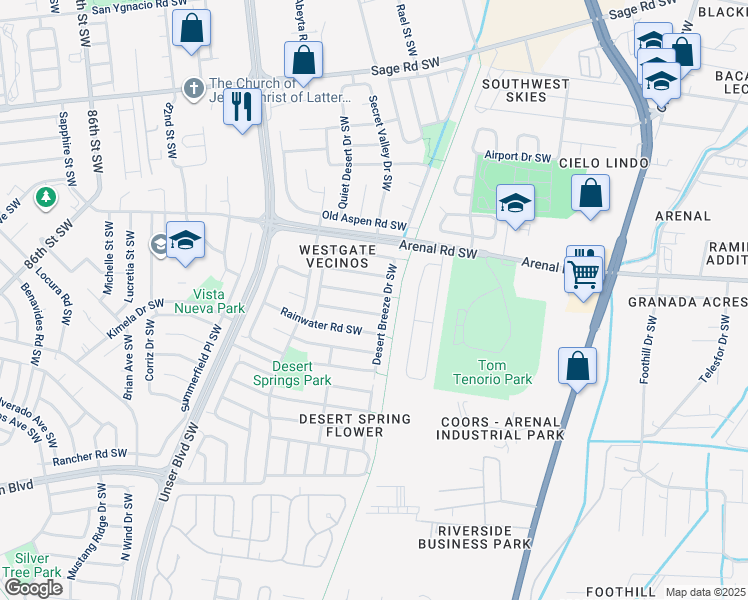 map of restaurants, bars, coffee shops, grocery stores, and more near 7308 Autumn Sky Road Southwest in Albuquerque