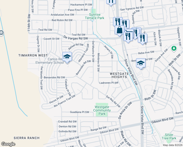 map of restaurants, bars, coffee shops, grocery stores, and more near 10200 Escobar Court Southwest in Albuquerque