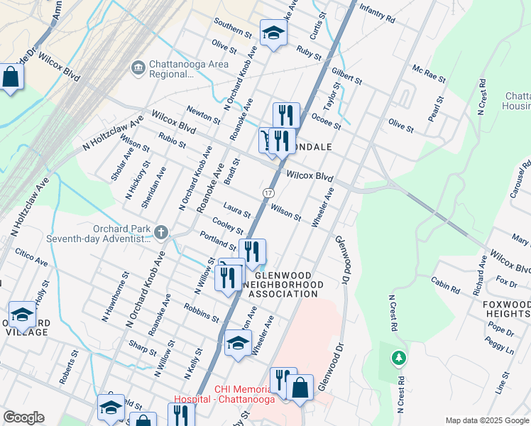 map of restaurants, bars, coffee shops, grocery stores, and more near 1200 Dodson Avenue in Chattanooga