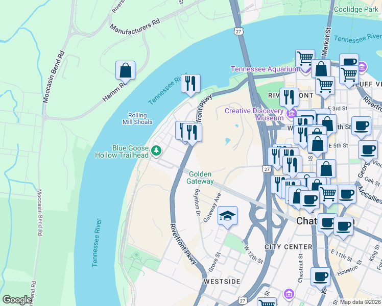 map of restaurants, bars, coffee shops, grocery stores, and more near 804 Riverfront Parkway in Chattanooga