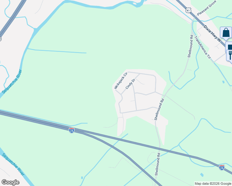 map of restaurants, bars, coffee shops, grocery stores, and more near 714 Nickajack Circle in Jasper